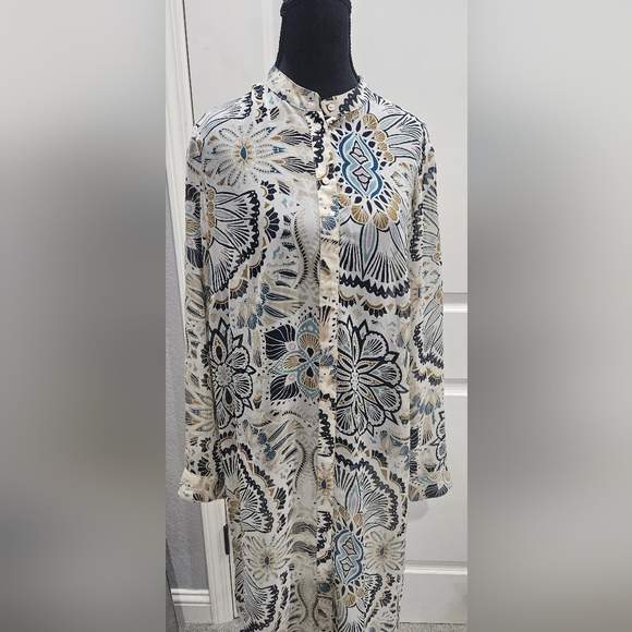 H&M Sheer Floral Kaftan Button Down Tunic Coverup Boho Resort Beach Shirt Dress - Picture 3 of 4